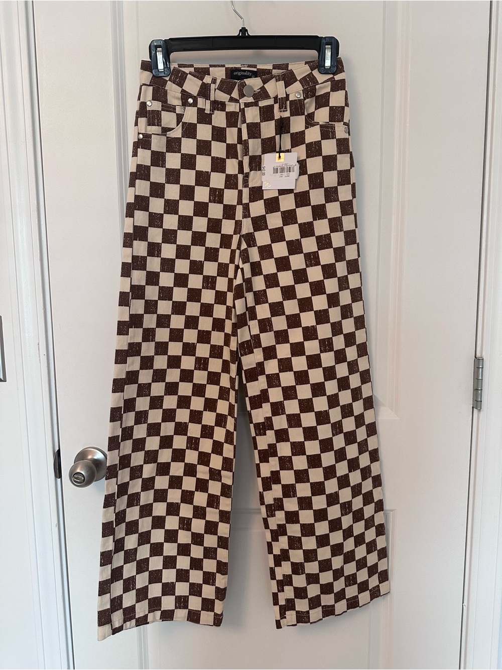 Checkerboard Wide Leg Jeans - Brown & Cream, Sz M, Teens